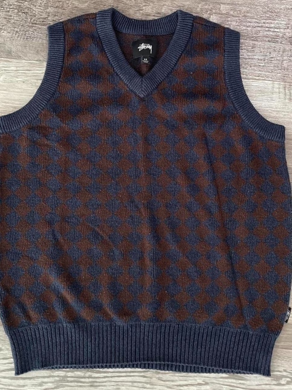 Stussy Melange Navy & Brown Checkered Sweater Vest - XS